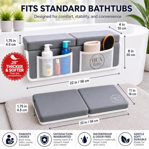 Comfortable Baby Bath Kneeler and Elbow Rest Pad Set, Non-Slip Bathtub Kneeling Pad for Bathing Baby, Bath Tub Cushion Mat, Elbow Pads, Toy Organizer Storage Pockets, Strong Suction Cups - color: Light Gray