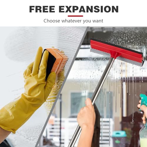 2-in-1 Window Squeegee with 30"-59" Stainless Steel Adjustable Handle - Glass Cleaner for Shower Doors, Car Windshield & High Outdoor Windows (Red)
