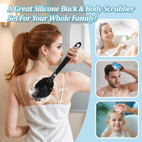 Silicone Back & Body Scrubber Set 2PCS, 13.4'' Gentle Exfoliating Back Scrubber with Dual-Side Head and Non-Slip Handle, Hygienic Silicone Loofah with Soft Bristles and Massage Dots(Black-2PC) - color: Black*2