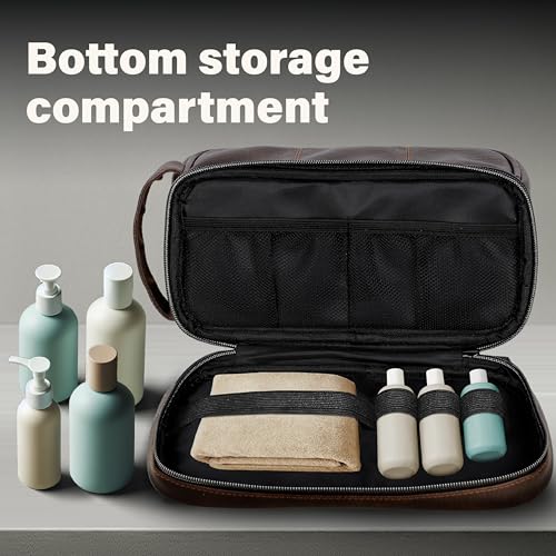 emissary Leather Travel Toiletry Bag for Men, Dopp Kit - Coffee | Water-resistant leather, large capacity + organizer pockets; refined men's travel Dopp kit, carry-on ready - color: Brown