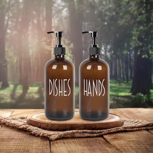 Dish Soap Dispenser with Plastic Pump for Kitchen - 16 OZ Glass Hand Soap Dispenser Set - Kitchen Bathroom Decor and Accessories (Dark Brown) - color: Dark Brown
