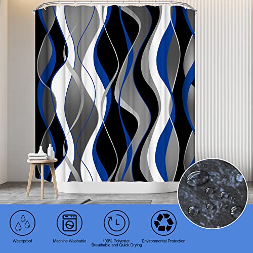 4Pcs Blue Shower Curtain Sets with Non-Slip Rugs, Toilet Lid Cover and Bath Mat, Black and Gray Bathroom Decor Set Accessories Fabric Waterproof Shower Curtains with 12 Hooks, 72 x 72 Inch - color: Blue