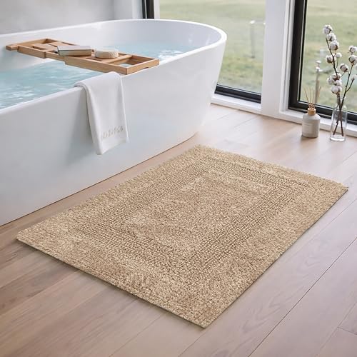 THE BEER VALLEY Set of 2 Reversible Bath Rug 21x32/17x24 Inch - Linen | Cotton Absorbent Bathmat for Bathroom, Washable Beige Toilet Throw Thick Mat - color: Linen Beige, size: 1'9" x 2'8" (Rectangular)