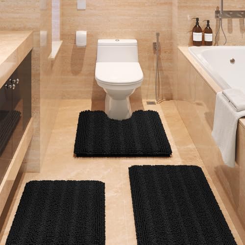 ACCUMTEK Striped Black Bathroom Rug Set 3 Pieces Ultra Soft, Non Slip Chenille Toilet Mat, Absorbent Plush Shaggy Bath Mats for Bathroom, Bedroom, Kitchen - color: Black, size: 2'8"x1'8"+2'×1'5"+U Shape 2'x1'8"