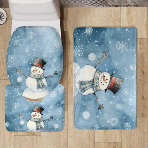 Cute Snowman Bathroom Rug Set Bathroom Rugs Sets 3 Piece Toilet Seat Cover and Rug Set Toilet Lid Cover with Non-Slip Bottom Toilet Lid Cover Set with U-Shaped Rug Bathroom Accessory Set - color: Cute Snowman
