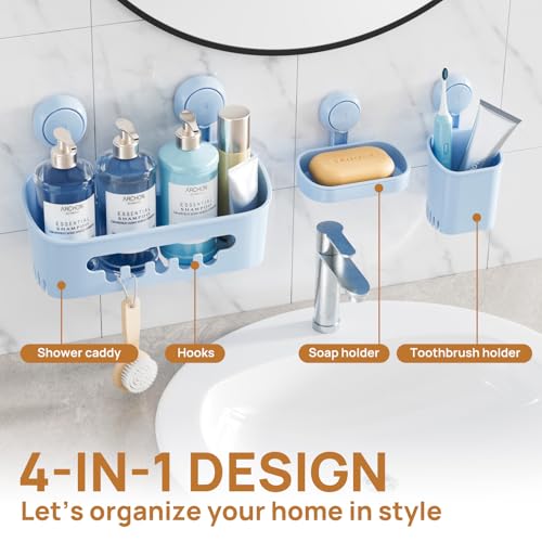LEVERLOC Shower Caddy Suction Cup Set Shower Organizer & Soap Holder & Toothbrush Holder, Bathroom Shelf Basket NO-Drilling, Removable Suction Storage Waterproof Bathroom Holder, Blue - color: 3 × Blue