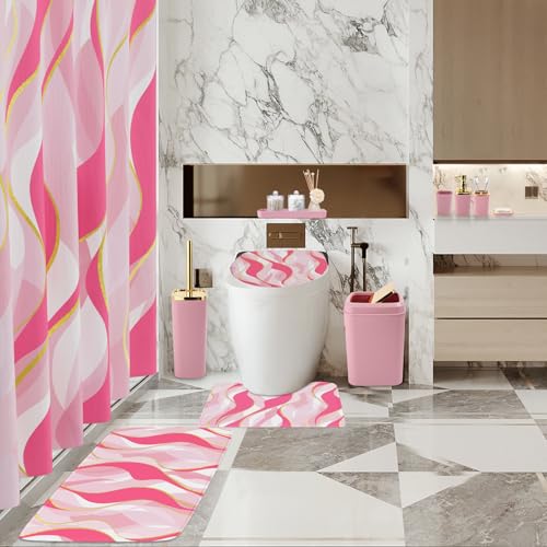 XLHOMO Bathroom Set - Pink and Gold Bathroom Accessories, Bathroom Sets with Shower Curtain and Rugs, Pink Shower Curtain Set with Bathroom Trash Can, Soap Dispenser, Soap Dish for Home Decor - color: Stripe Pink & Gold, size: Complete Set + Bath Rugs