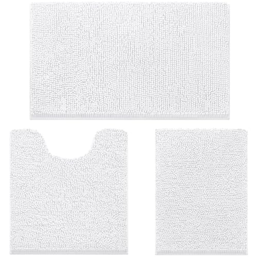 HOMEIDEAS 3 Pieces Bathroom Rugs, Ultra Soft Non Slip Absorbent Chenille Toilet Bath Mat Set (White) - color: White-white, size: 17"x24"+20"x32"+U Shape 20"x24"