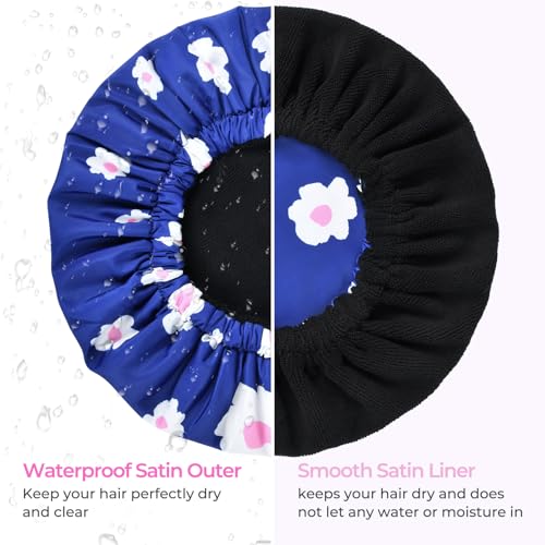 Shower Cap for Women Terry Lined Bath Cap Large Reusable Waterproof Elastic Band Blue Shower Caps for Long Thick Hair Soft Bath Shower Hair Caps - color: Blue Flowers