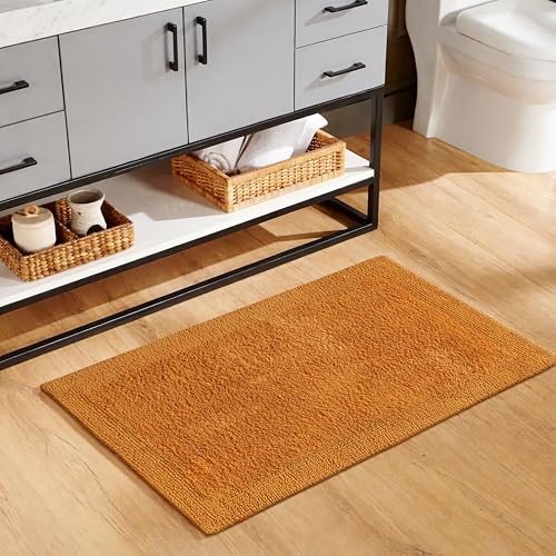 Cotton Reversible Bathmats 20"X32" Mustard – 100% Cotton Scalloped Bath Mat, Anti Skid, Soft & Absorbent Bathroom Rug for Shower, Tub & Entryway - color: Mustard, size: 20"X32" - Reversible