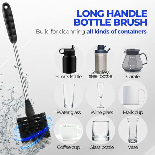 Holikme 6 Pack Bottle Brush Set, 14" Long Handle Stainless Steel Bottle Cleaner Brush, 3 Straw Brushes, Bottle Cleaning Brush for Water Bottle, Baby Bottle Straws, Black - color: Black, size: 6Pack