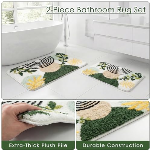 Arttown Boho Abstract Gold Plant Bathroom Rug Set 2 Piece Fluffy Microfiber Non-Slip Water Absorbent Bath Mat Soft Washable Floor Rug for Tub Showers Laundry Room Decor (16"x24"+20"x32") - color: Boho Plant 2