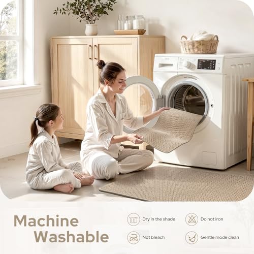 HOMEIDEAS Bathroom Rugs Set 2 Piece, Ultra Thin Non-Slip Bath Mats Rubber Backed, Chenille Absorbent Quick Dry Mats, Boho Bathroom Rugs, Low Profile Fits Under Door (Beige, 32"x20"+24"x17") - color: Beige