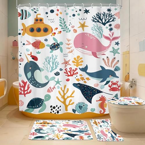 4 PCS Kids Shower Curtain Set 72Wx72H Kid Toddler Bathroom Set Summer Ocean Fish Cute Whale Funny Underwater Bath Rug Toilet Lid Cover U Shape Mat Accessories 12 Hooks Bathroom Decors - color: A 01ocean, size: 72"W x 72"L (Pack of 4)