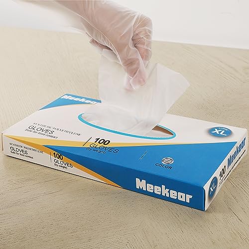 Meekear 100 PCS Food Prep Disposable Gloves, TPE Clear Latex-Free Food Safe Cleaning Gloves, BPA Free, Powder Free, Oil Tight, X-Large