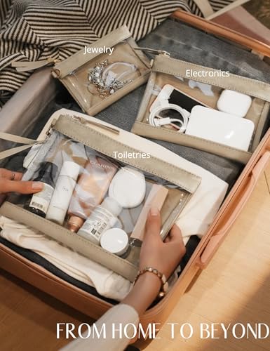 Popvibe Clear Travel Bag Organizer Pouches Set 3 Pack Clear Makeup Bag with Zipper Travel Pouch Car Toiletry Bag for Women Transparent Cosmetic Bag for Traveling, Taupe - color: Taupe