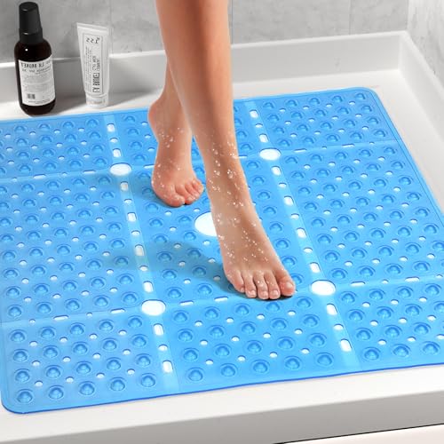 Large Square Shower Mat 27 x 27 Inch Clear Blue, Non Slip Shower Bathtub Mats for Inside Shower with Big Suction Cups Drain Holes, Anti Slip Bathroom Floor Stall Mats, Easy Clean, BPA-Free - color: Clear Blue