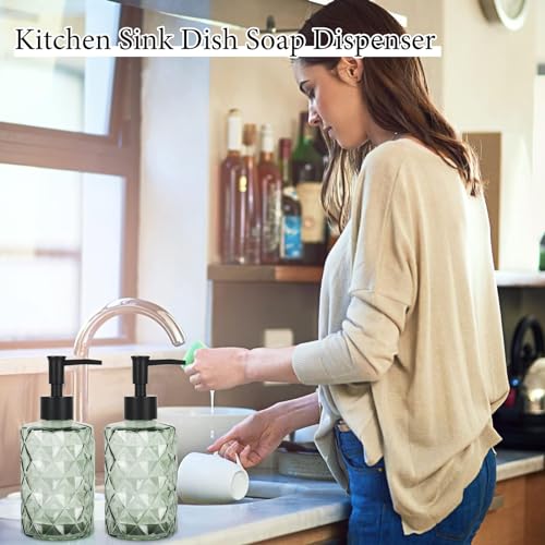 Green Glass Soap Dispenser, 11 Oz/330ml Liquid Hand Lotion Dispenser Set for Kitchen Sink and Bathroom, Dish Soap Dispenser Set, Lotion Glass Lotion Bottles with Black Pump (Army Green) - color: Green&black