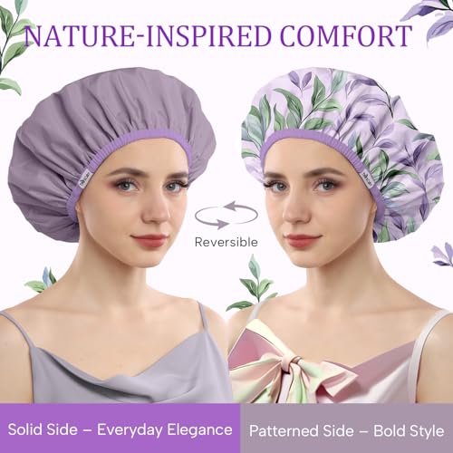 Years calm Shower Caps for Women Reusable Waterproof – Double Layer Elastic Cap with Tropical Botanical Print Shower Cap for Shower, Spa, Travel, Bath & Daily Hair Protection - color: Purple