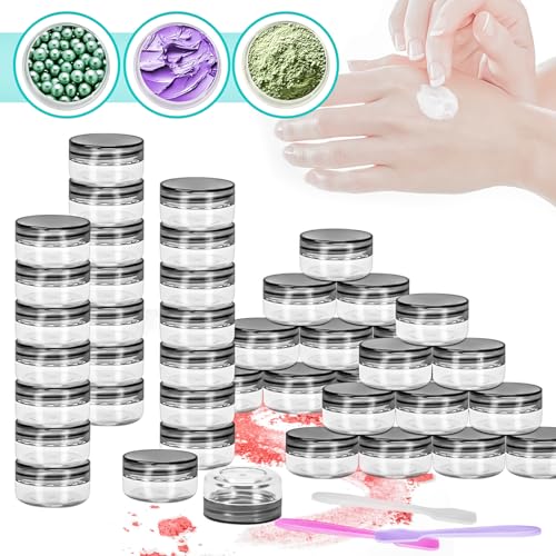 50 Pack 10g Plastic Jars with Lids, 10ml Round Clear Cosmetic Containers Makeup Jars, 10gram Travel Size Container Jar with Spatulas for Makeup Sample Lotion Cream Ointment Salve Balm Powder - color: Black, size: 10g