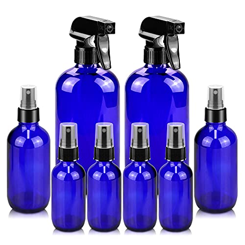 Worldgsb Glass Spray Bottles, 16oz*2+4oz*2+2oz*4 Refillable Containers, Empty Boston Round Bottles with Adjustable Nozzle for Cleaning, Gardening, Aromatherapy, Pets, Plant, Hair - Blue - color: Blue