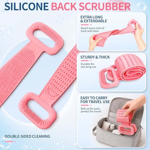 Manmihealth Silicone Back Scrubber for Shower & African Net Sponge Net Set, 36'' Dual-Sided Back Washer & African Long Bath Sponge, Extendable Long Silicone Body Brush (Pink+Pink) - color: Pink+pink