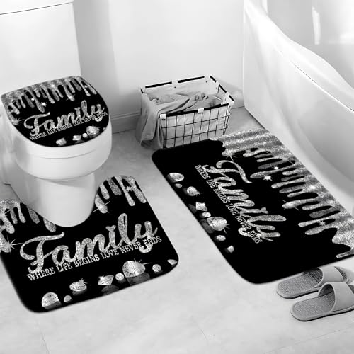 Black and Whit Shower Curtain Bathroom Sets Bling Diamond Family Shower Curtain with Toilet Lid Cover and Non-Slip Rugs 4Pcs, Luxury Shiny Silver Curtains for Bath Laundry Restroom Home Decorations - color: Family