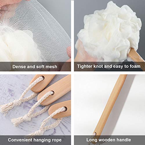 White Loofah with Handle - Back Scrubber for Shower, Exfoliating Body Sponge with Soft PE Mesh and Wood Stick, Clean Look Bath Accessory for Men and Women - color: White