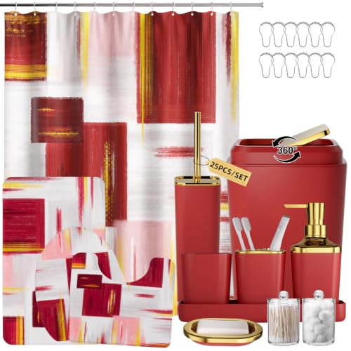 XLHOMO Bathroom Set - Burgundy Bathroom Accessories Set, Bathroom Sets with Shower Curtain and Rugs, Burgundy Shower Curtain Set with Bathroom Trash Can, Soap Dispenser, Soap Dish for Home Decor - color: Plaid Burgundy & Gold, size: Complete Set + Bath Ru