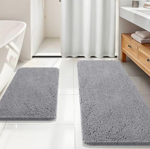 OLANLY Bathroom Rugs Sets 2 Piece, Soft Absorbent Chenille Bath Mats Area Rug Set, Non-Slip, Quick Dry, Machine Washable Bath Mats for Bathroom, Home Decor Accessories (59"x20"+30"x20", Grey) - color: Grey, size: 59" X 20" + 30" X 20"