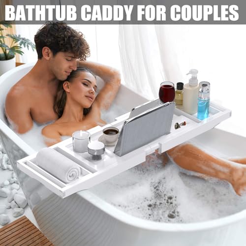 Bathtub Tray Caddy, Expandable Bath Trays for Tub, Bamboo Shelf & Table with Wine Glass Holder,Bathroom Accessories for New Home & Mothers Day & Birthday Gifts for Mom,White - color: White
