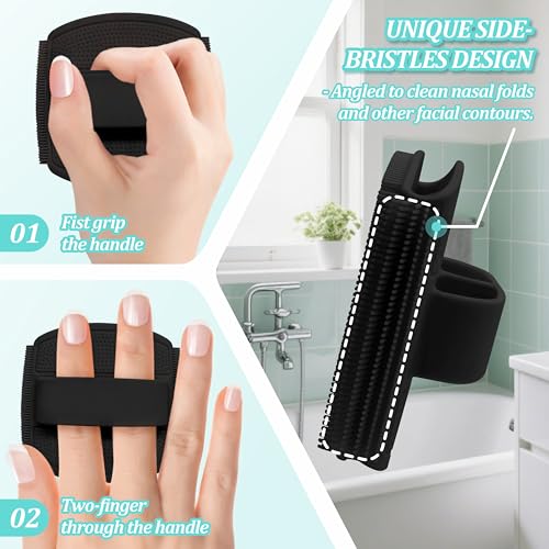 Silicone Back/Face Scrubber & Bath Glove Set 3PCS, Extendable Back Scrubber with Dual-Side Large Head, 360° Anti-Slip Bath Glove, Unique Side-bristle Face Scrubber for All-round Cleaning(Black) - color: Black*3