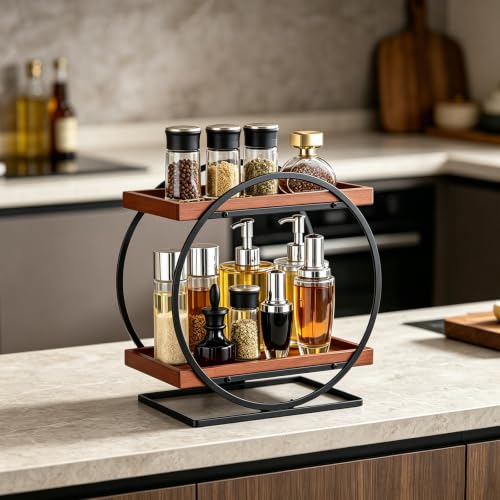 2-Tier Bathroom Counter Organizer, Wooden Perfume Organizer for Dresser, Bamboo Countertop Trays for Skincare Makeup Vanity Shelf, Organizers and Storage for Bathroom Kitchen, Black & Brown - color: Black and Wood
