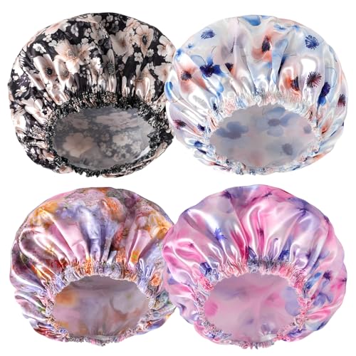 4 PCS Shower Caps for Women, 3D Printing Bath Caps, Double Layers Shower Cap Reusable Waterproof, Bathing Shower Caps, Environmental Protection Hair Bath Hat - Flower C - color: 3D Flower C 4 PCS/Set