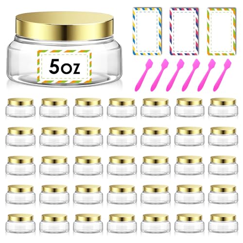 36 Pack 5 oz Plastic Cosmetic Containers With Lids Refillable Clear Empty Travle Jars Containers for Body Butter,Sugar Scrubs,Cream,Lotions,Candy, Waterproof Label&Spatulas - (Gold) - color: Clear-Glod Lid, size: 5 OZ