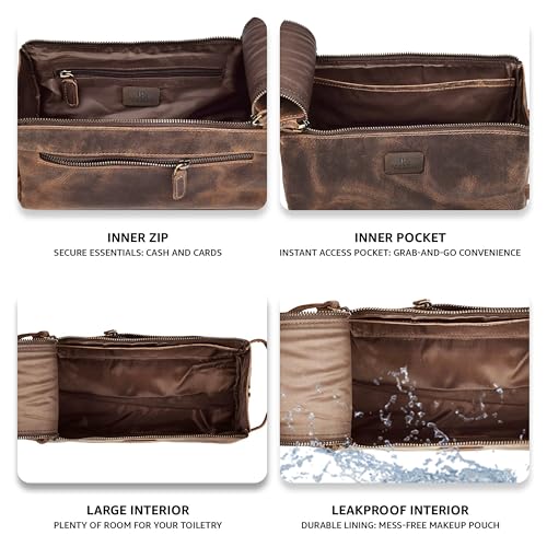 Full Grain Leather Toiletry Bag for Men & Women – Water-Resistant Travel Shaving Kit Organizer with YKK Zipper, Spacious Bathroom Grooming & Cosmetic Storage Case - Walnut Brown - color: Distressed Brown