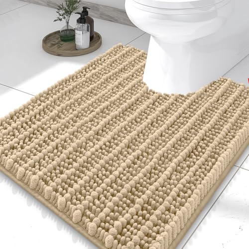 Smiry Bathroom Toilet Rugs U Shaped 24x20, Extra Soft Absorbent Non Slip Rubber Backing Chenille Contour Bath Rugs for Toilet, Machine Washable Contoured Bath Mats, Beige - color: Beige, size: 24'' X 20''