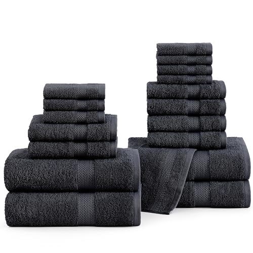 LANE LINEN 100% Cotton Black Towel Set for Bathroom - 18 Piece - Super Soft, Hotel Quality - 4 Bath, 8 Wash Cloths, 6 Hand Towels for Bathroom - Classic, Gentle on Skin, Ideal for Spa & Daily Use - color: 04: Black, size: 18 Piece Towel Set