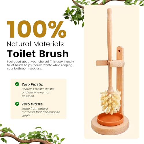 ELDR Supply Toilet Bowl Cleaner Brush with Holder, 14 Inch Extra Long German Beechwood Handle, Strong Hemp Bristles, Ceramic Drip Tray, Biodegradable