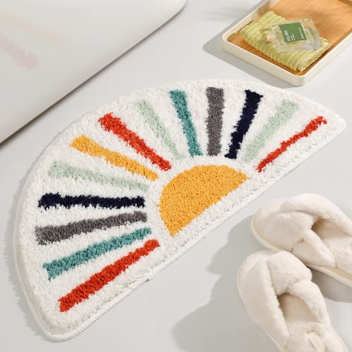 TRUEDAYS Colorful Boho Bath Mat Half Round Water Absorbent Non-Slip Bathroom Rugs, Machine Washable Soft Microfiber Sun Bath Rug for Bathroom, Shower, Room - color: Colorful