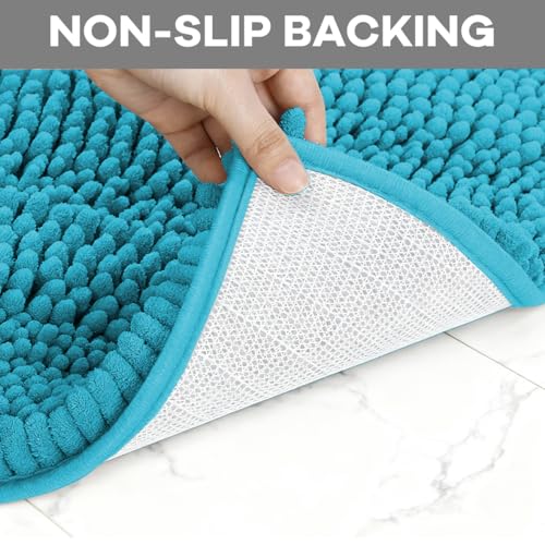RUN HELIX Teal Bathroom Rug Set - 4 Piece with Toilet Lid Cover, Non Slip Mats, Extra Soft Chenille, Absorbent Shaggy, Perfect Plush U-Shaped Toilet Rug - color: Teal Blue, size: 1'8" x 2'8" (Square + oval + U-shape)