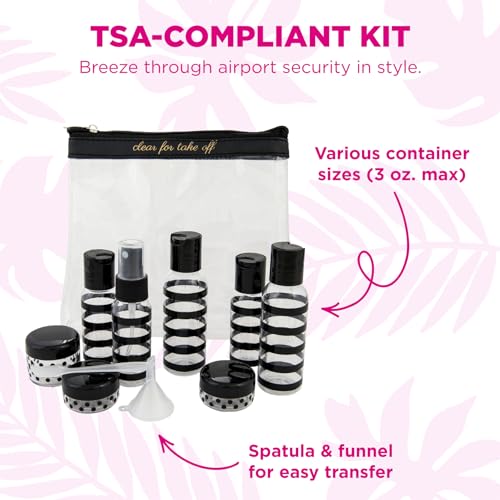 MIAMICA TSA Compliant Travel Bottles and Travel Toiletry Bag – Includes 12 Pieces – 7.55" L x 7.4" W x 1.8" D, Clear – Cute Travel Gifts - color: Black/Gold, size: 12-Piece
