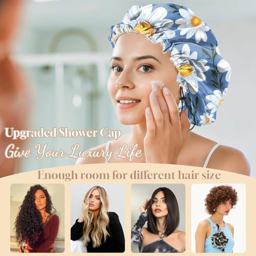 Luxury Shower Cap Adjustable Reusable Double Waterproof Layer Elastic Satin Lined Hair Bath Cap Cute Aesthetic Women Girls (K19-Chrysanthemum) - color: K19-Chrysanthemum