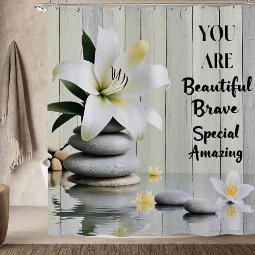 Zen Stone Spa Shower Curtain Set Lotus Motivational Inspirational You are Shower Curtains Meditation Relaxing Yoga Positive Quotes Rustic Floral Bathtub Bathroom Decor 60x72 Inch - color: Zen Floral
