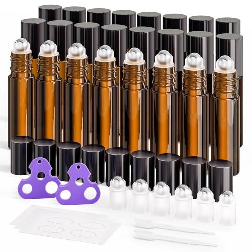 ULG 24-Pack Essential Oil Roller Bottles 10ml, Empty Bottles with Stainless Steel Roller Balls and Waterproof Labels, Amber Roller Balls For Essential Oils - color: Amber, size: 24-Pack