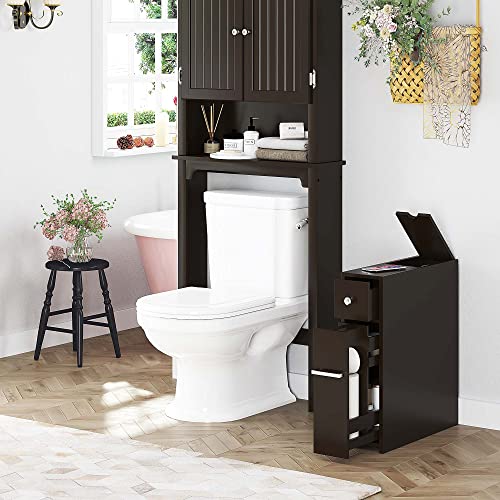 Spirich Slim Bathroom Storage Cabinet, Free Standing Toilet Paper Holder, Bathroom Cabinet Slide Out Drawer, Espresso - color: Espresso