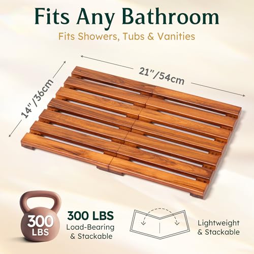 Premium Teak Shower Mat - 21" x 14" Non-Slip Wooden Bath Mat for Bathroom Floor, Fast-Drying Spa-Style Solid Wood Duckboard, Indoor & Outdoor Use - size: 21" x 14" (Rectangular)