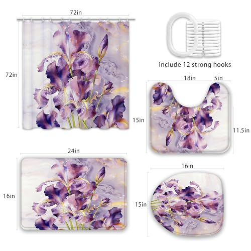 4 Pcs Lavender Watercolor Irises Shower Curtain Sets with Rugs | Purple Botanical Floral Bathroom Set Spring Summer Home Bath Bathtub Decor Durable Curtains Mats for Bathroom 72 In