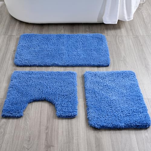 3 Pieces Luxury Bathroom Rug Set with U-Shaped Toilet Rug, Non-Slip Rubber Bottom, Thick Microfiber Fluffy Plush, Water Absorption, Quick Dry, Ultra Soft, Bath Mats for Bathroom, Tub(Sky Blue) - color: Sky Blue