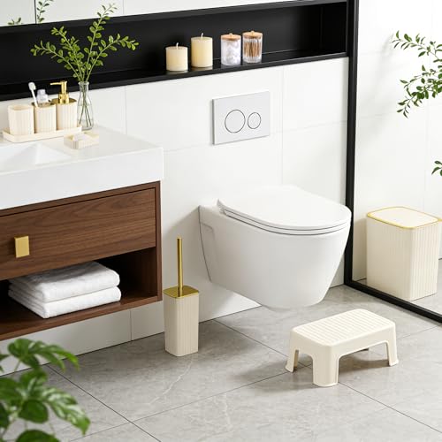 Bathroom Accessories Set-9PC Set, Complete Bathroom Decor & Home Decor, Bathroom Set with Toilet Brush, Trash Can, Soap Dispenser,Modern Home Bath(Beige, Bath Set) - color: Beige&gold, size: 9-Piece Bath Set